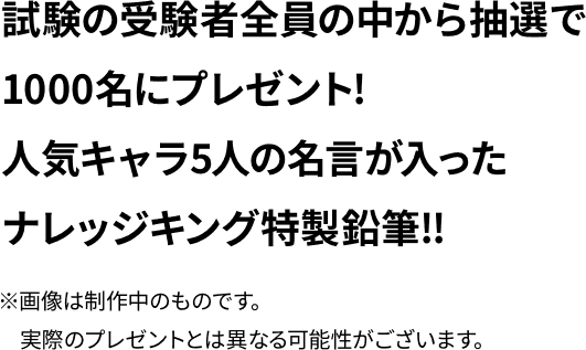 試験の受験者全員の中から抽選で1000めいにプレゼント！！人気キャラ５人の名言が入ったナレッジキング特製鉛筆！！